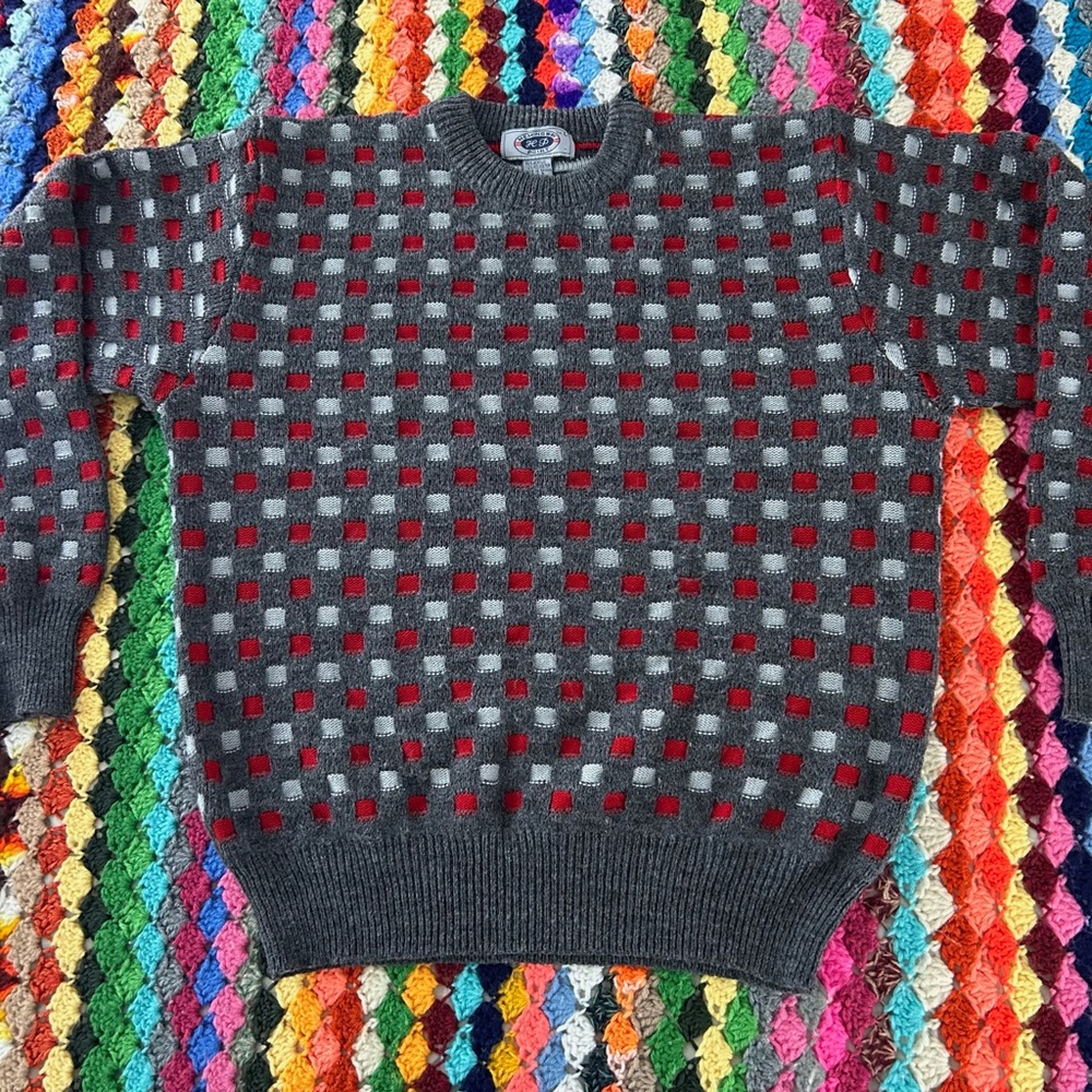 Vintage 90s Checkerboard Plaid Pattern Chunky Knit Grandpa Sweater Acade… - Picture 6 of 13